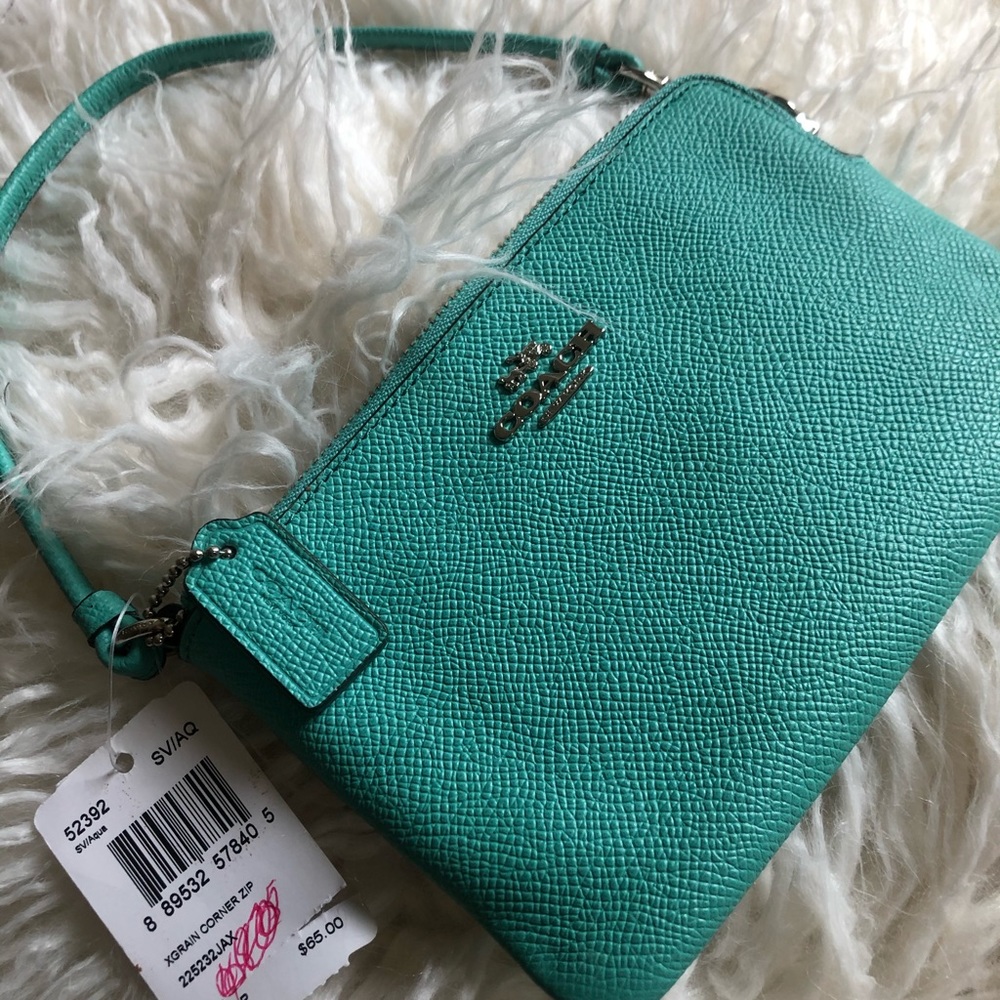 Aqua/Silver Embossed Leather Corner Zip Wristlet